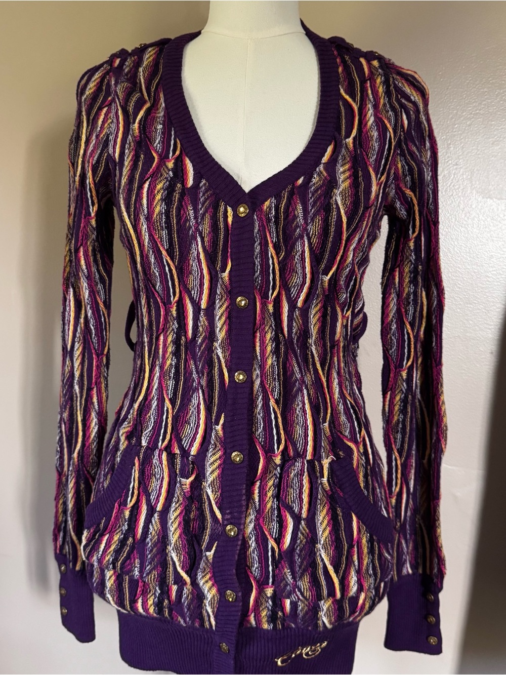 COOGI Purple Multicolor V-Neck Button Cardigan
